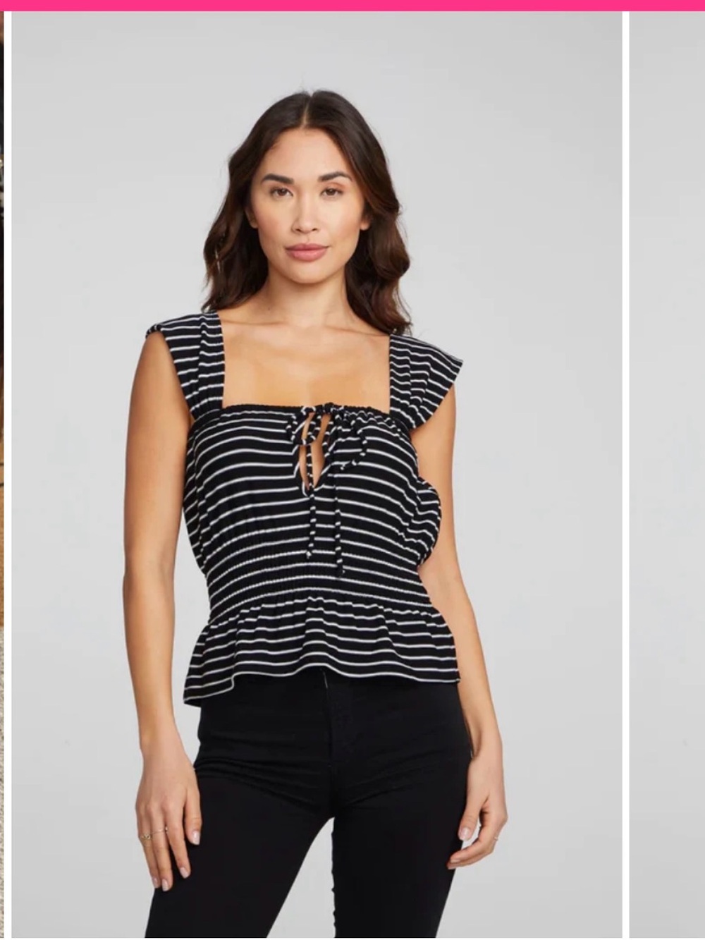 Chaser Bayshore Tank Black & White Striped Tie-Front Peplum Top